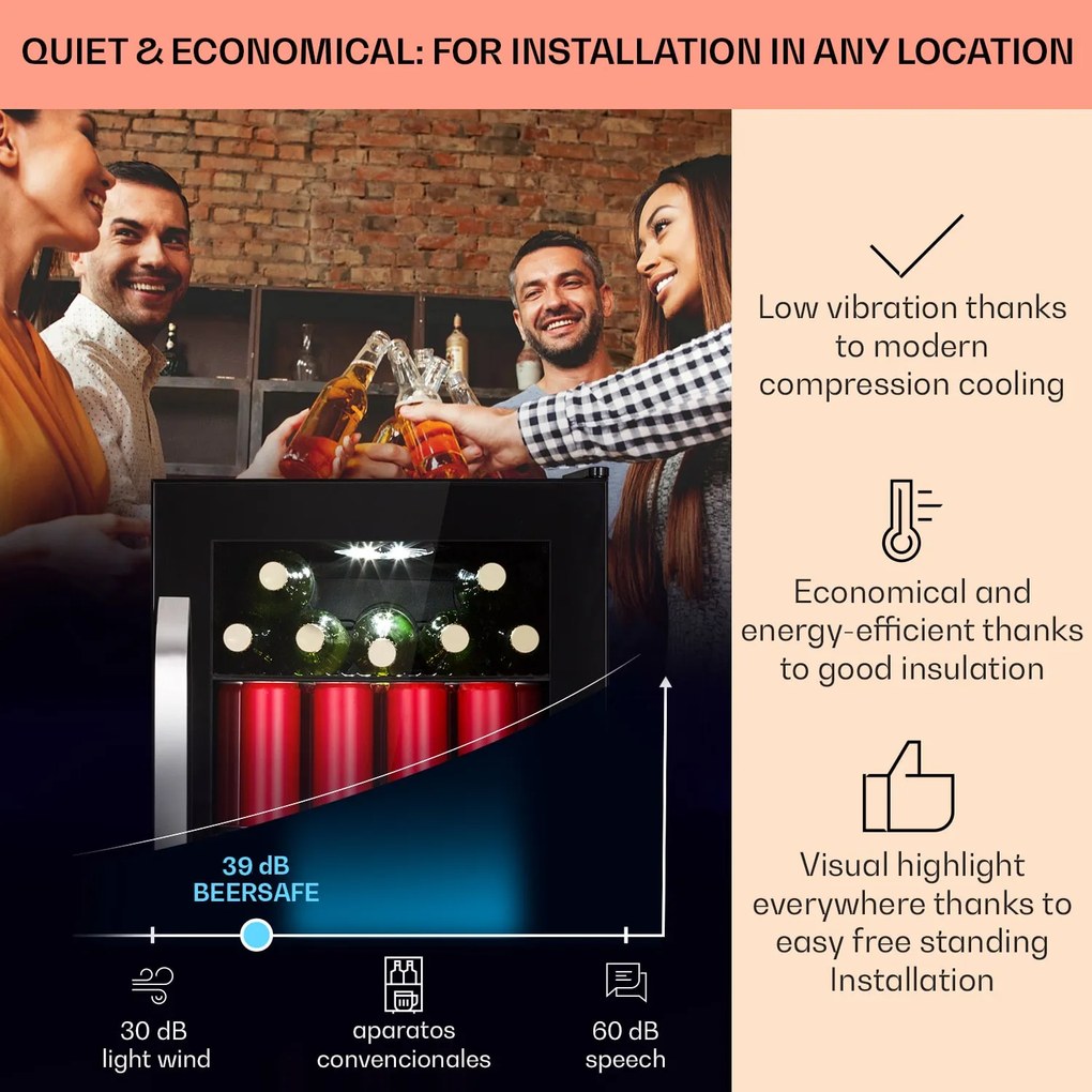 Klarstein Beersafe 70 Bierzeit Edition, hűtőszekrény, 70 liter, 3 polc, panoráma üvegajtó, rozsdamentes acél