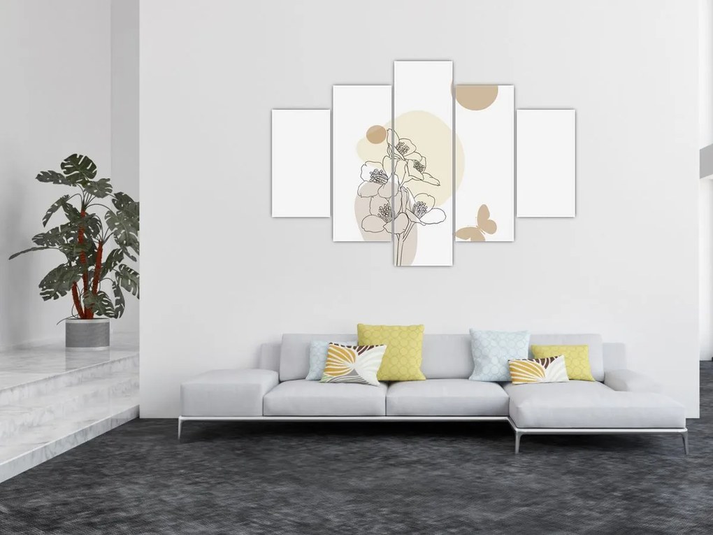Kép - Bézs virágok pillangóval N⁰4 (150x105 cm)
