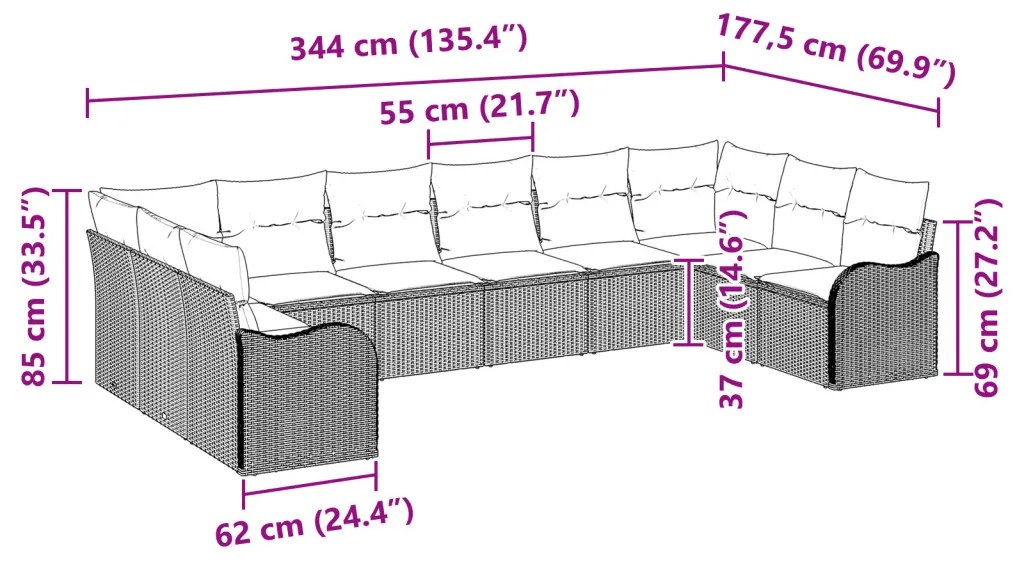 10 darabos kert kanapé szett párnákkal fekete poli rattan, 2 fős kert kanapé párnákkal fekete poli rattan