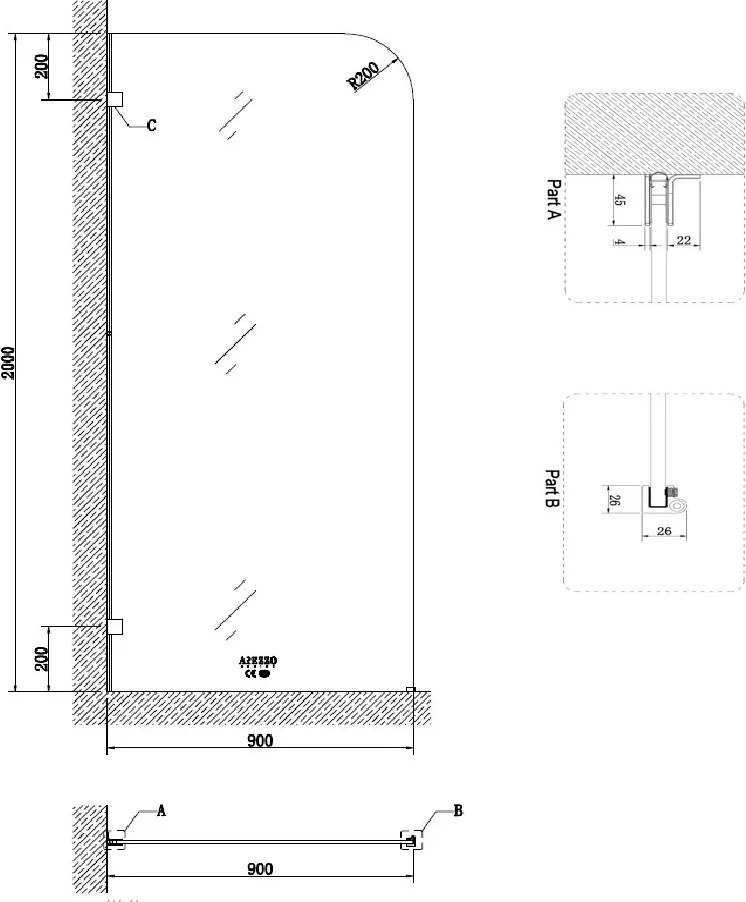 AREZZO design CLEAR walk-in zuhanyfal, átlátszó 900x2000