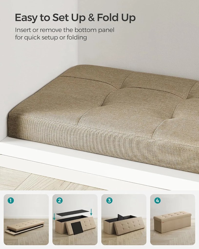 Tárolós ülőke, összecsukható pad, 38 × 110 × 38 cm, tevebarna színben