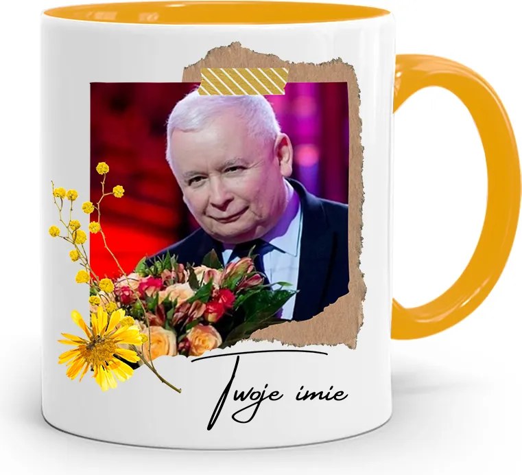 Sárga Bögre Jaroslaw Kaczynski Pis Elnök Ajándéka fényképes nyomtatással