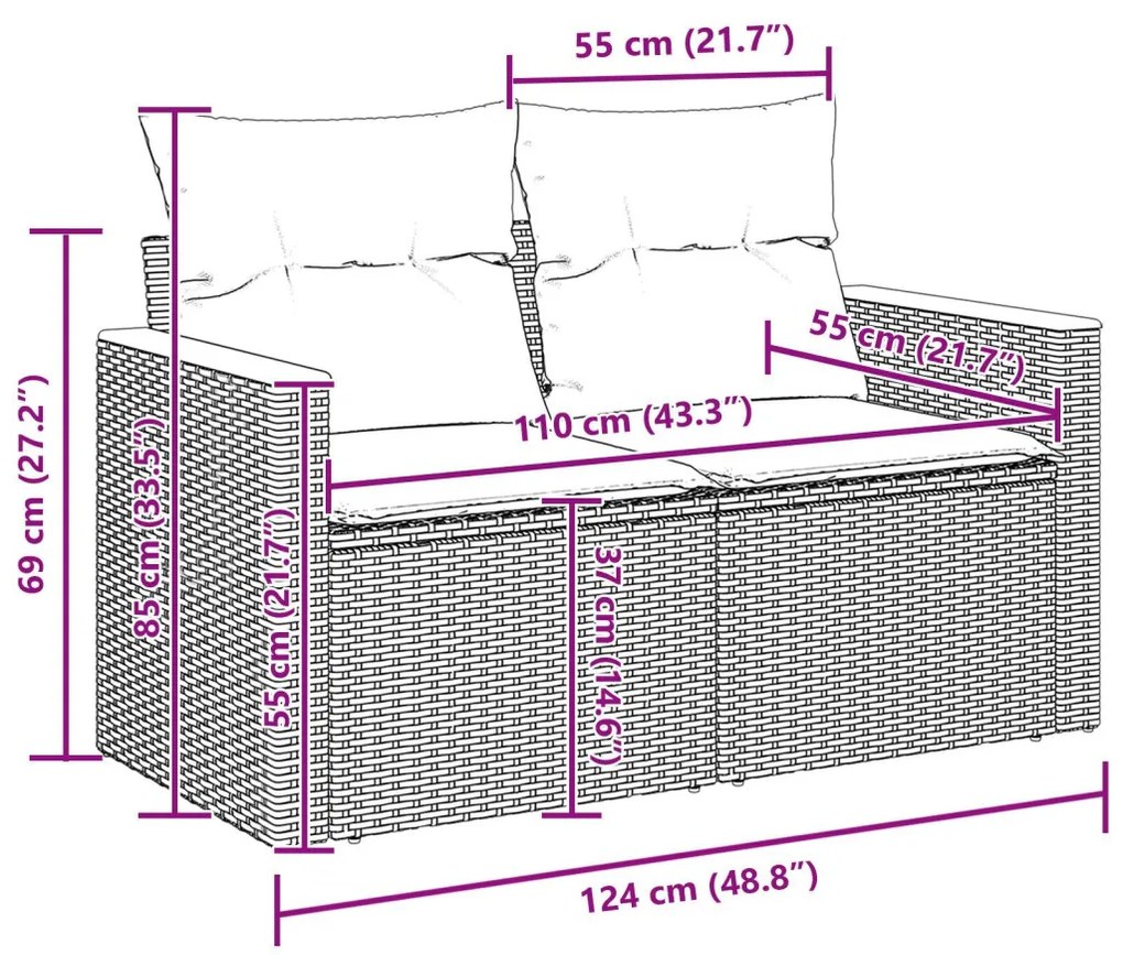 8 darabos Kerti Sofasor Párnákkal Fekete Poli Rattan Akácia, 3 darabos Kerti Étkezőszett Párnákkal Fekete Poli Rattan Akácia