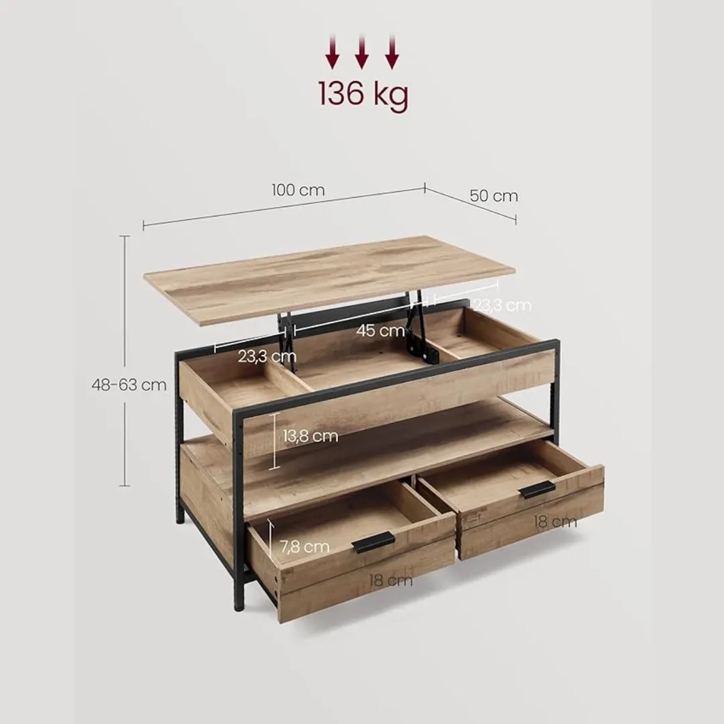 GASPAR állítható magasságú konferencia asztal, 50x100x(48-63)cm, tevebarna/fekete Vasagle