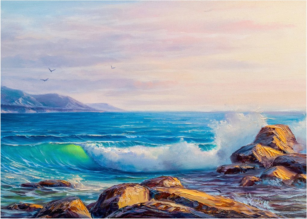 A sziklákat megütő hullámok képe, olajfestmény (üvegen) (70x50 cm)