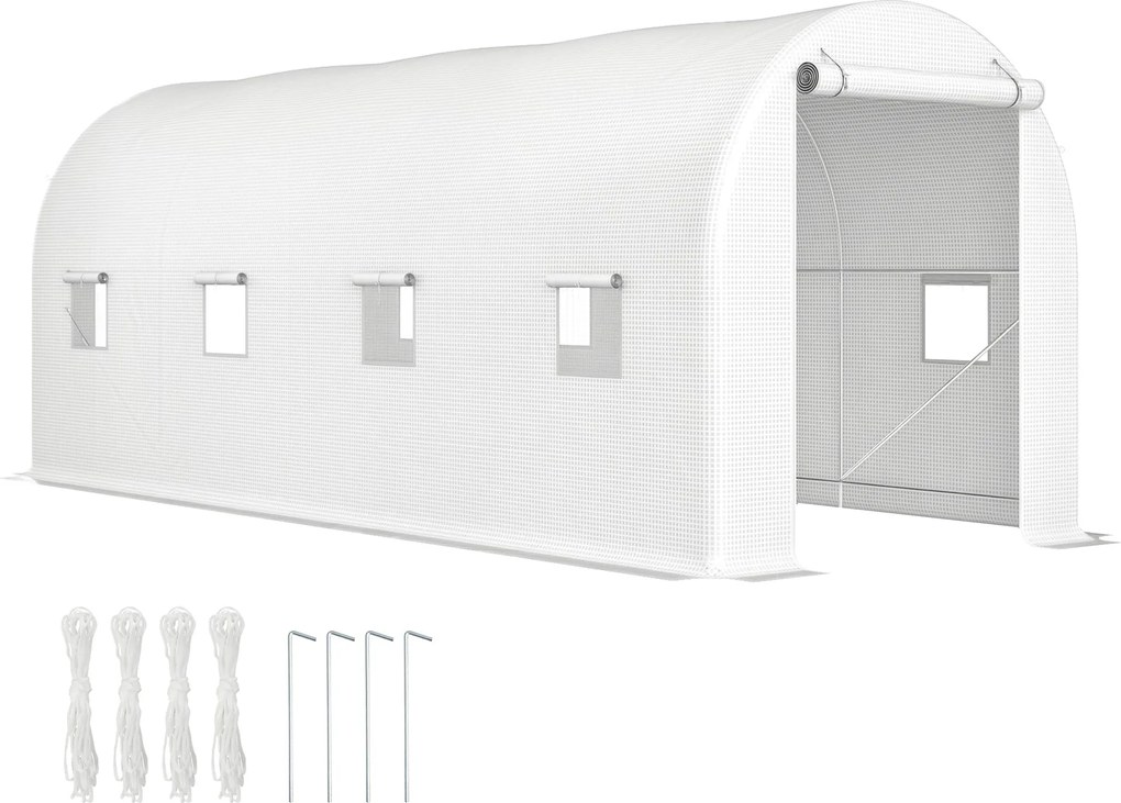 Outsunny Kert Tonnel Üvegház 500x200x205 cm Roll-Up Ajtóval és 8 Ablakkal PE Fedél 140 g/m² Fém Váz Zöldségtermesztéshez Fehér | Aosom