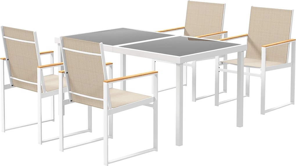 Outsunny 5 részes Étkező Garnitúra 4 személy részére, Állítható étkezőasztal 4 székkel, Acélvázas étkező csoport konyha asztal szett erkély bútor, ker