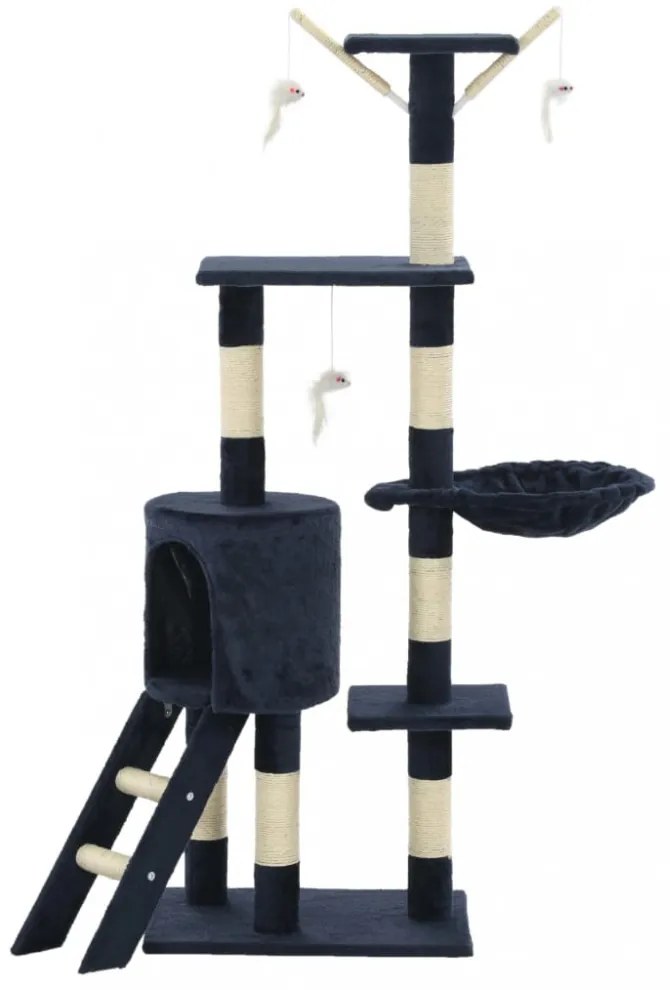 sötétkék macskabútor szizál kaparófákkal 138 cm
