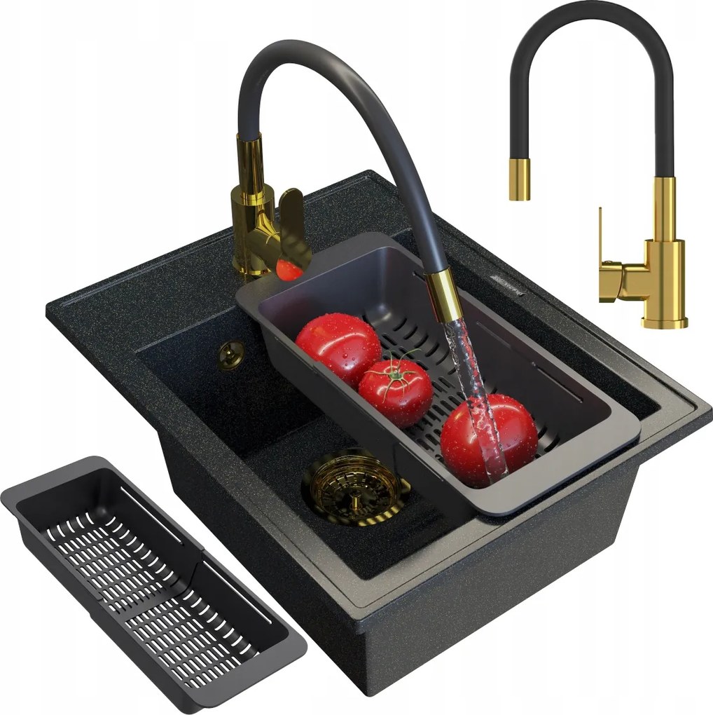 Gránit Mosogató Egymedencés Nero Szett Arany Csaptelep Szifon Csepegtető