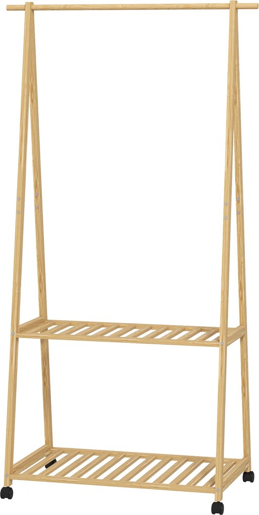 HOMCOM Bambusz Ruhatartó Kerekekkel, 2 Nyitott Polccal és 2 Horoggal - Ruhatartó Előszobába, Folyosóra, Hálószobába - 84,5x43,5x158 cm Természetes | A