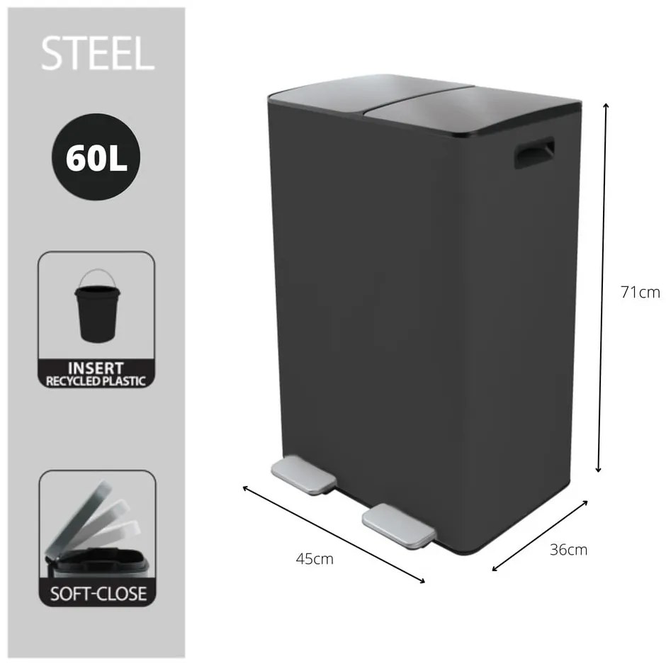 Sötétszürke acél szelektív pedálos szemetes 2x30 l Aliya – Spirella