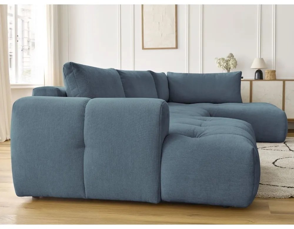 Kék kinyitható-tárolóhelyes sarokkanapé (jobb oldali-U alakú) Fuji – Bobochic Paris