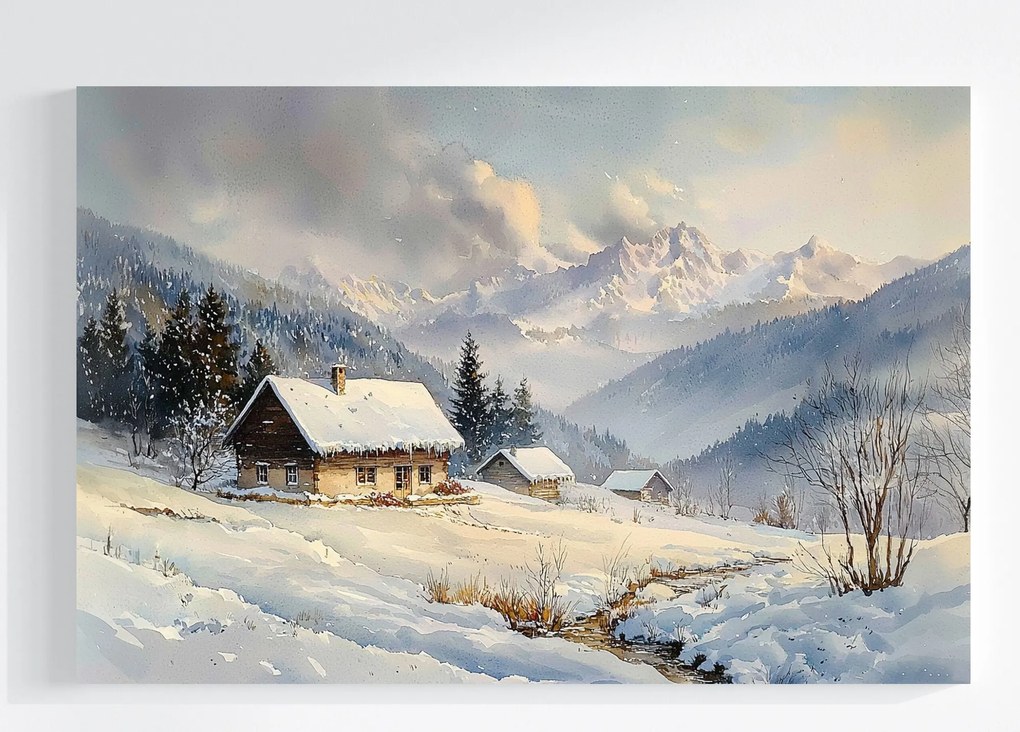 Vászonkép Canvas Tájkép Hegyek Csúcsok Házak Tél Hó Köd 60x40