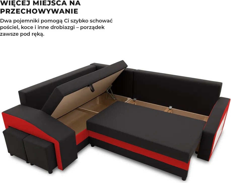 Grande sarokkanapé polcokkal és puffokkal , polc a jobb karfaban puffok a bal karfaban, baloldali, szövet anyag, bonell töltet, fekete - piros