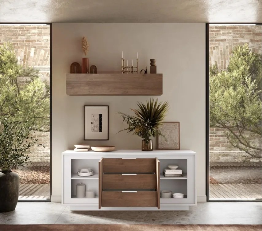 SKY 2.0 komód 2 ajtóval és 3 fiókkal, fehér matt lakkozott vázzal és Mercuri tölgy mintázatú laminált előlapokkal