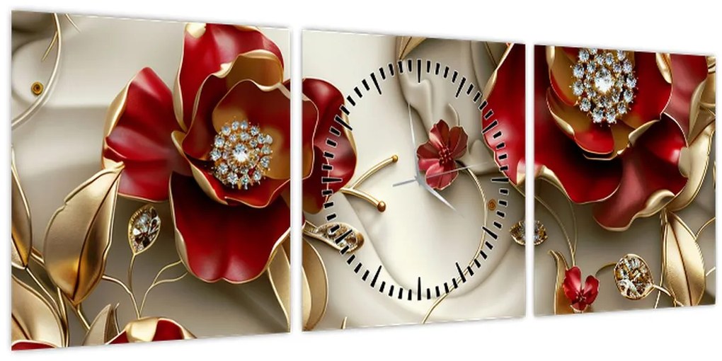 Kép - 3D piros-arany virágok (órával) (90x30 cm)