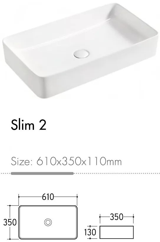 Eros SLIM 2 - PULTRA ültethető - Top Counter - porcelán mosdó - 61 x 35 x 11 cm