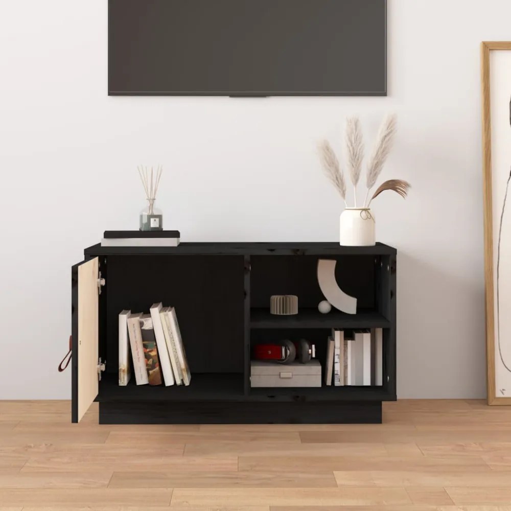 fekete tömör fenyőfa TV-szekrény 70 x 34 x 40 cm