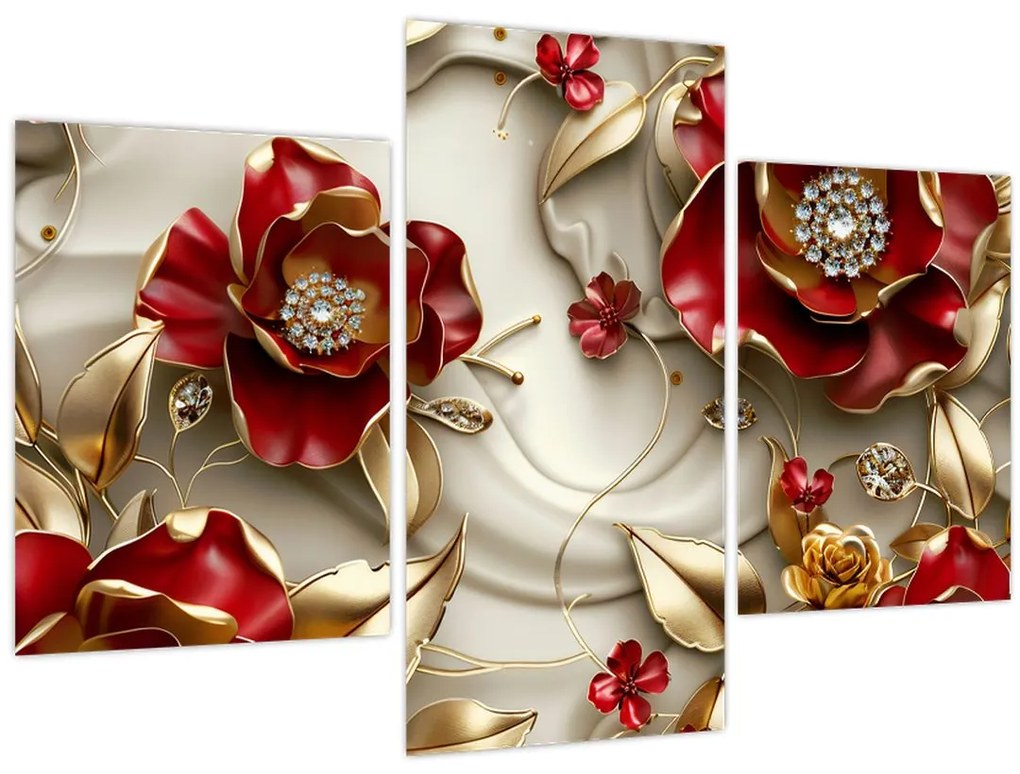 Kép - 3D piros-arany virágok (90x60 cm)