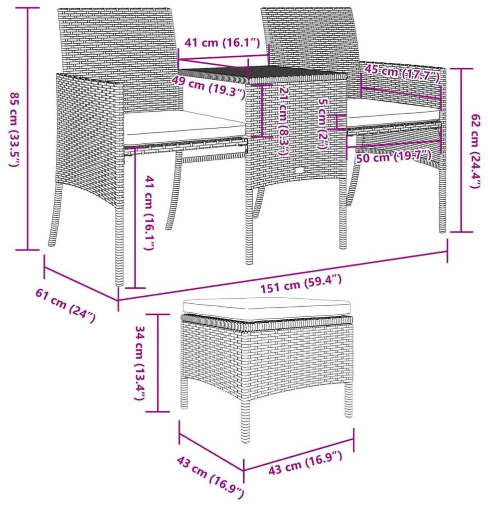 barna 2-személyes polyrattan kerti fotel asztallal/zsámolyokkal