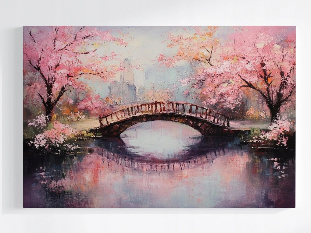 Poszter Japán Tavasz Park Folyó Híd Cseresznye Fák 120x80