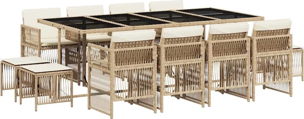 vidaXL 13 részes bézs polyrattan kerti étkezőgarnitúra párnákkal