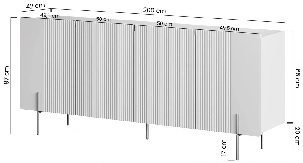 Malmi négyajtós komód 200 cm - matt fekete / arany lábak