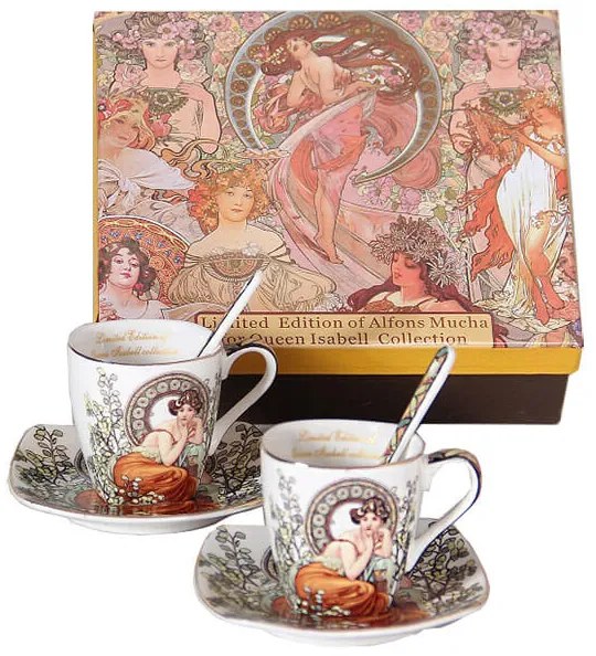 Porcelán két személyes eszpresszó kávés csésze aljjal Mucha Topaz