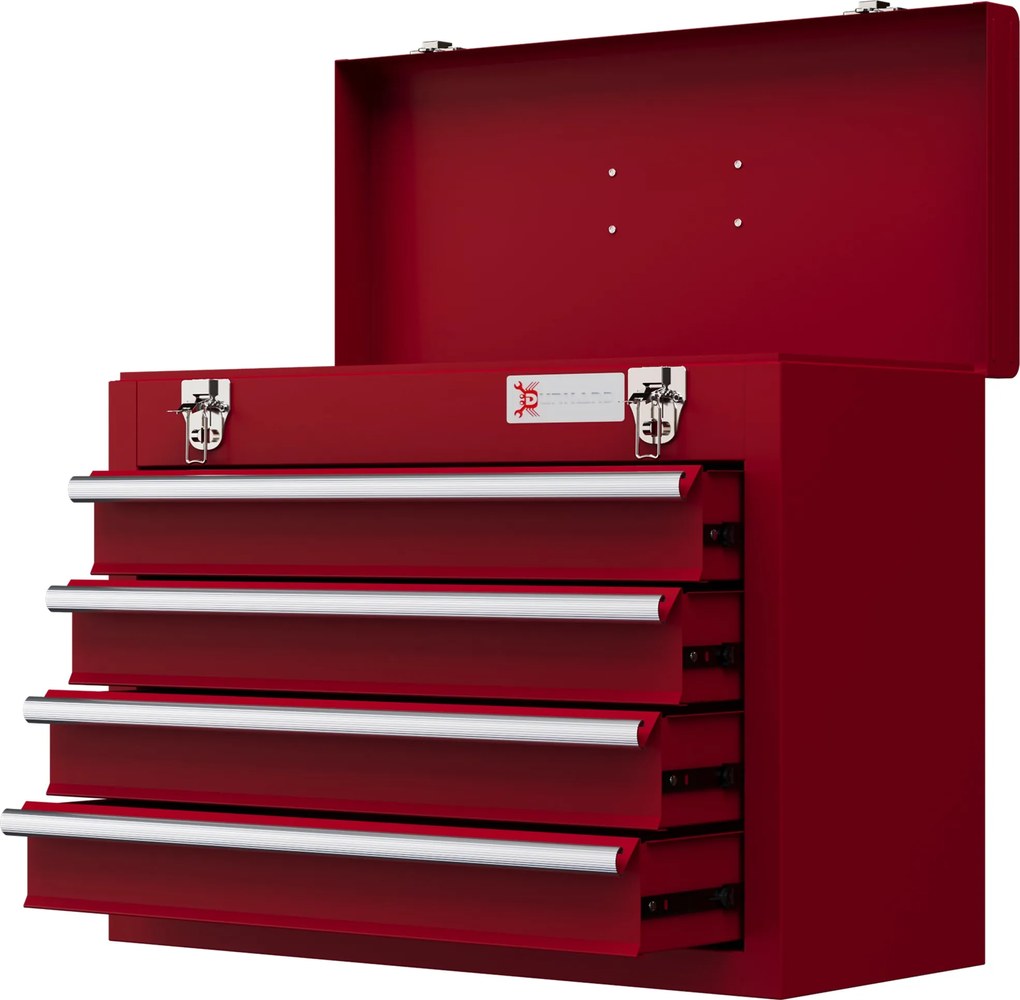 DURHAND Eszköztároló Doboza, 51 x 22 x 39,5 cm, 4 Fiókkal, Felső Tárolórekesszel, Fogantyúval, Zárható Eszközkészlettel, Acélból, Piros | Aosom