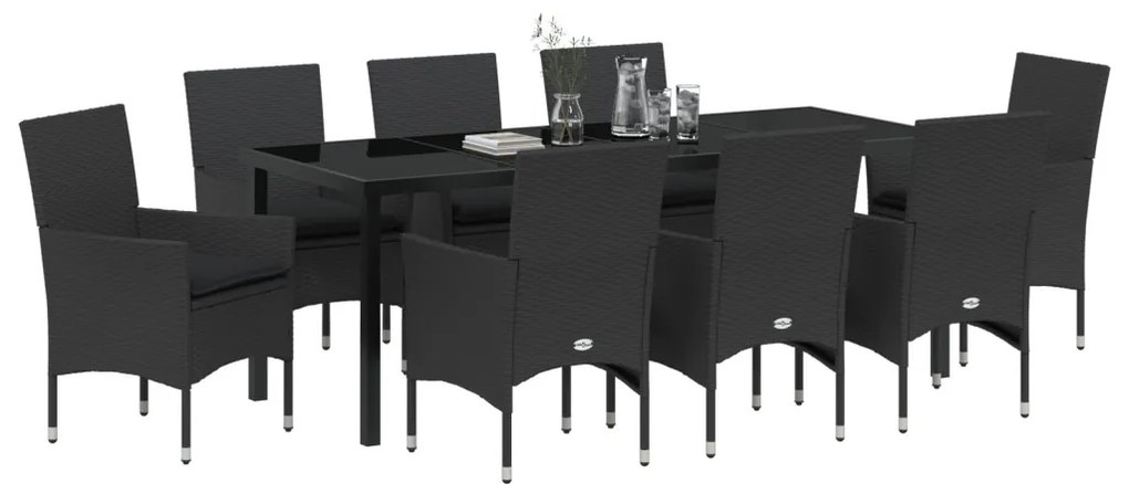 9 Darabos Kerti Étkezősor Párnákkal Fekete Poli Rattan, Kerti Asztal Fekete 200x80x73 cm Edzett Üveg