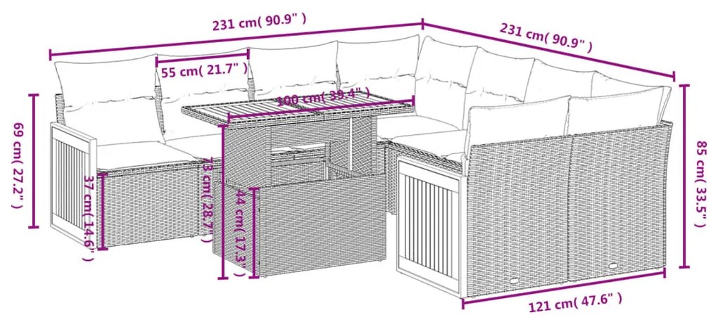 9 részes szürke polyrattan kerti ülőgarnitúra párnákkal
