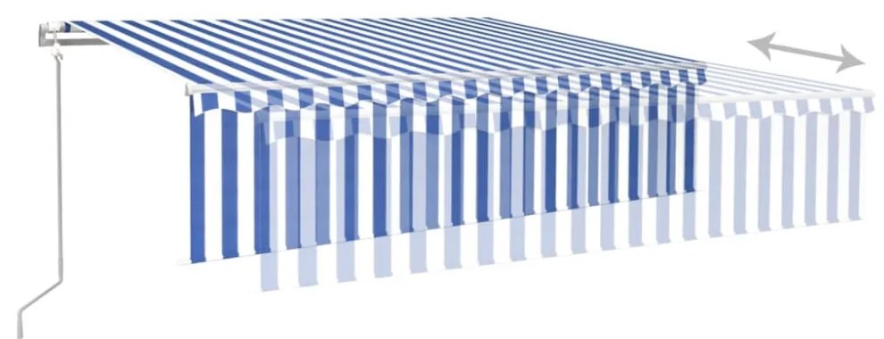 kék és fehér redőnyös, szélérzékelős, LED-es napellenző 6x3 m