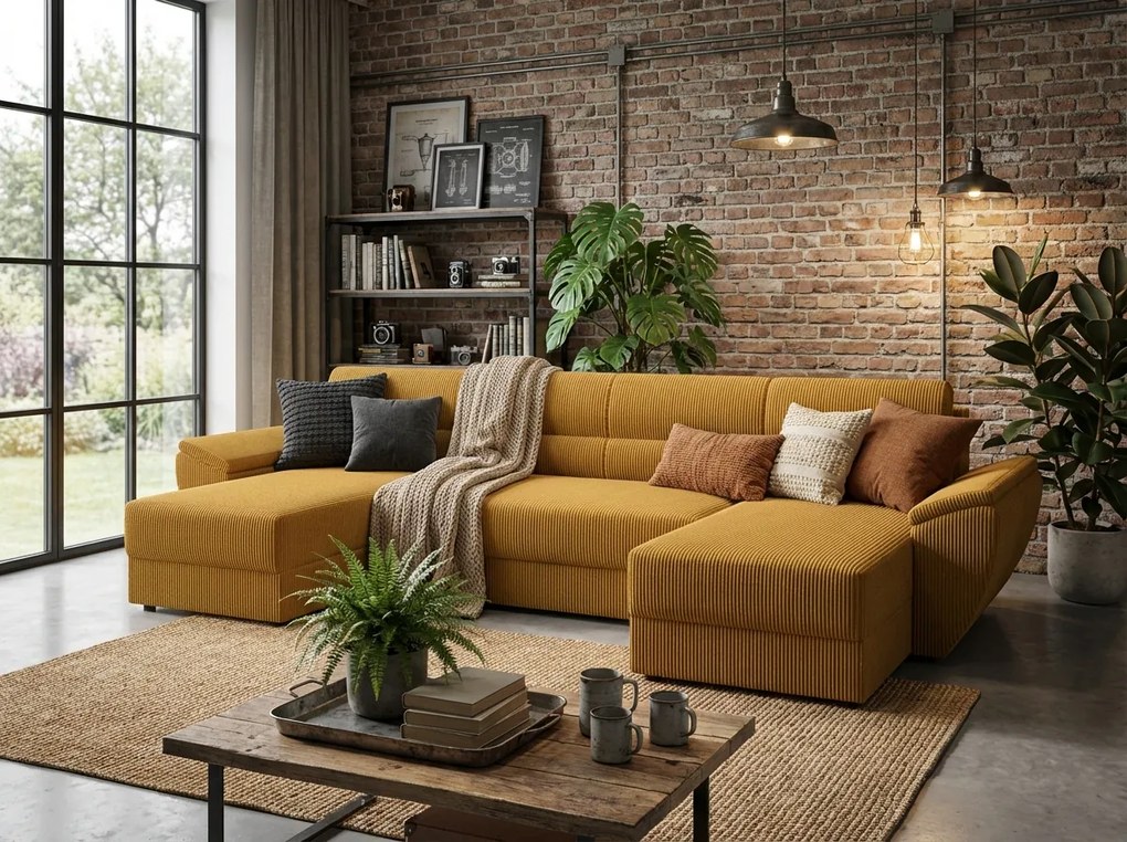 Kihúzható U alakú ülőgarnitúra TAVERO 321x140 cm, mustársárga