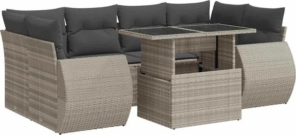 vidaXL 7 részes világosszürke polyrattan kerti ülőgarnitúra párnákkal