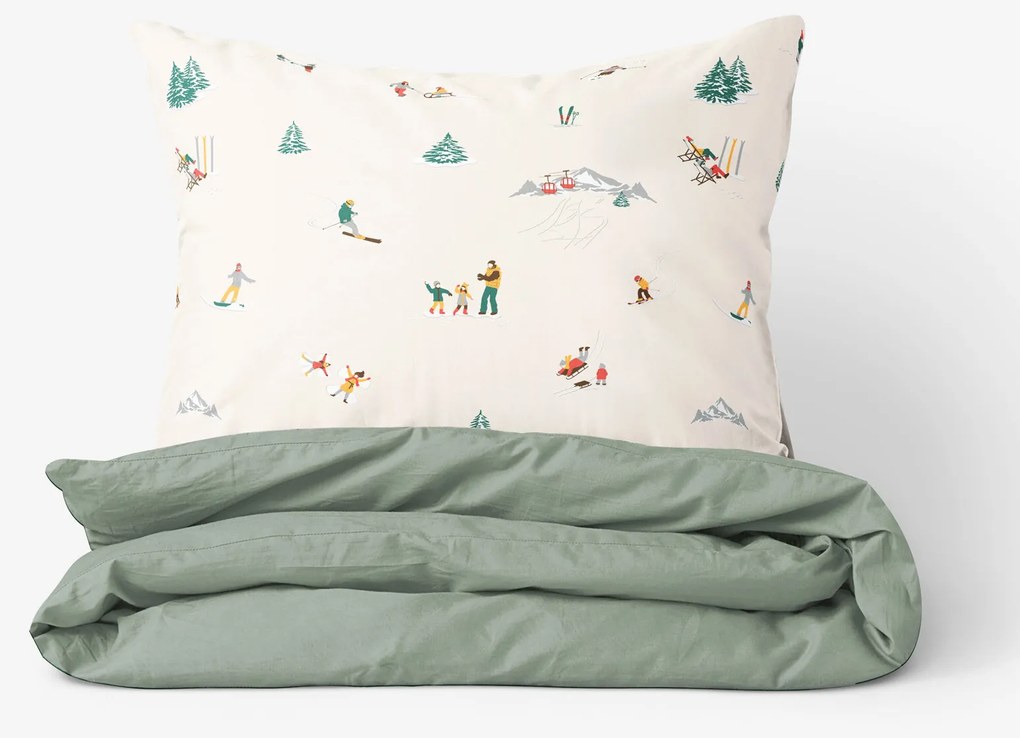 Goldea karácsonyi pamut ágyneműhuzat duo - téli örömök, zsálya színű hátoldal 220 x 200 és 2db 70 x 90 cm
