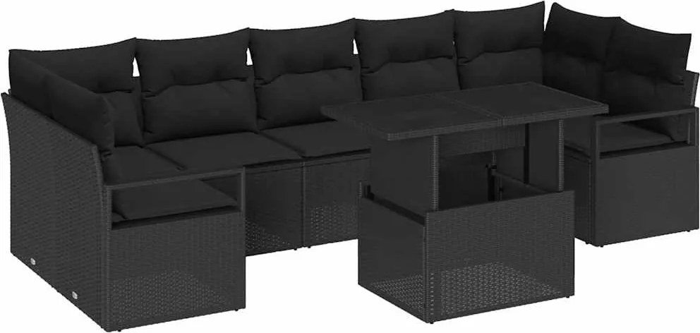 vidaXL Kerti Kanapé Szett tárolóval 8 pcs Fekete Poli rattan