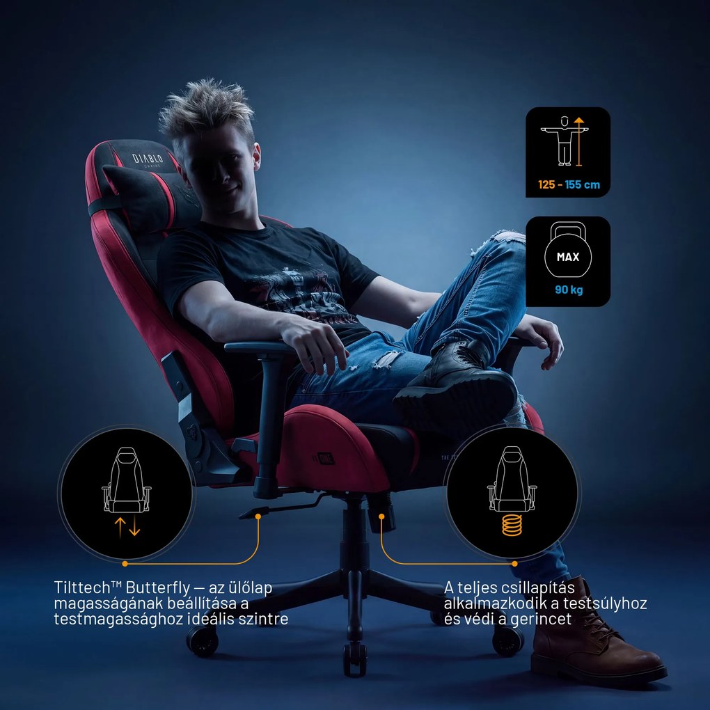 Gamer szék szövet Small Size, fekete-piros: Diablo X-One 2.0 Bloody Mary