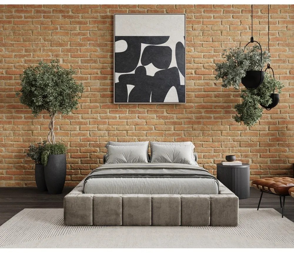 Bézs kárpitozott ágyneműtartós franciaágy ágyráccsal 160x200 cm Aruba L – Maison de Rêve