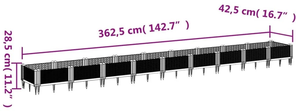 szürke PP kerti virágláda cövekekkel 362,5 x 42,5 x 28,5 cm