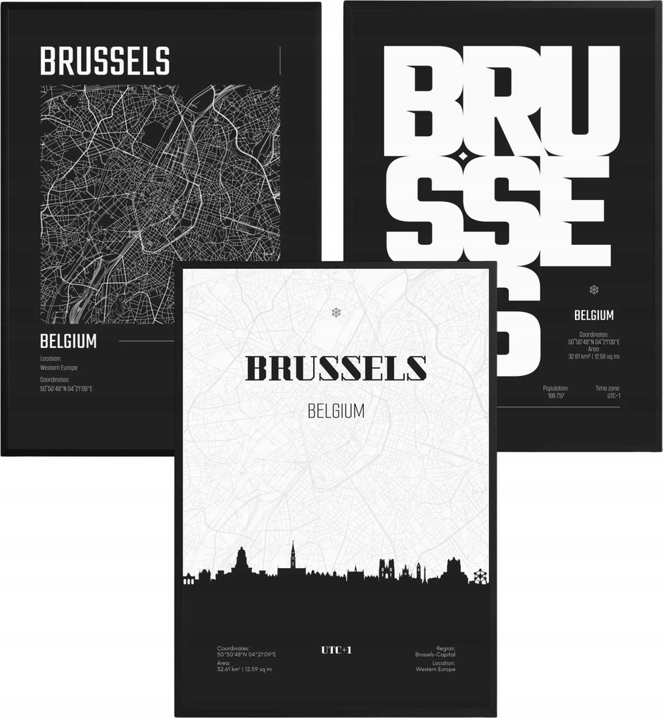 Poszter szett Brüsszel Térkép Panoráma Fekete-fehér Képek Nappaliba 61x91