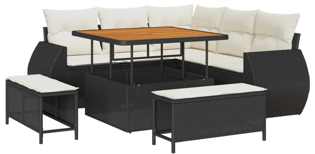 8 Részes Kerti Sofabútor Párnákkal Fekete Poli Rattan Akáciával