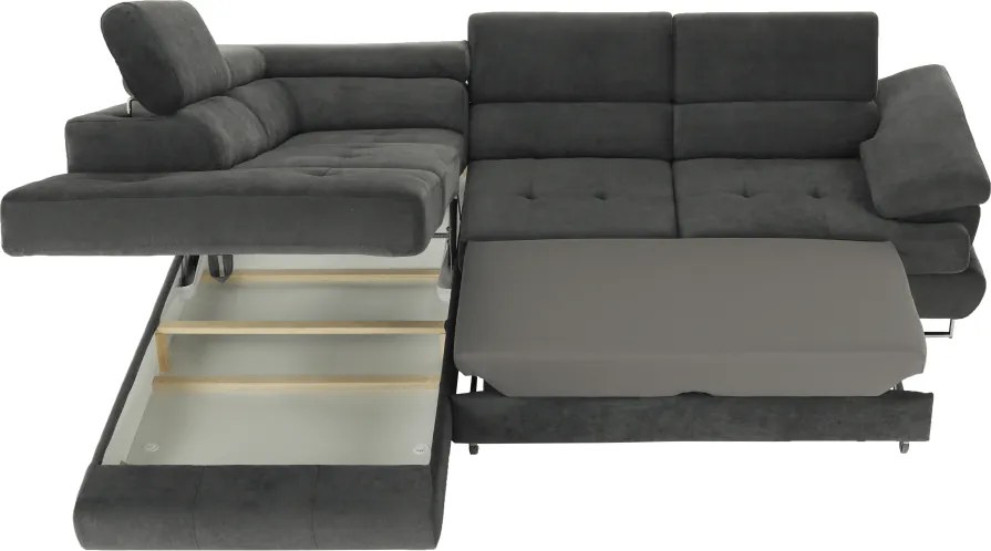 Ülőgarnitúra tárolóhellyel, szürke, szövet, balos, BUTON R