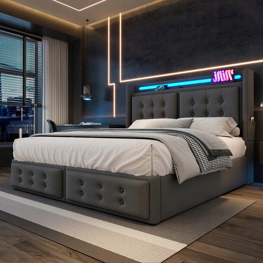 Kárpitozott ágy 180x200, dupla Led töltés Usb C 4 fiók szürke