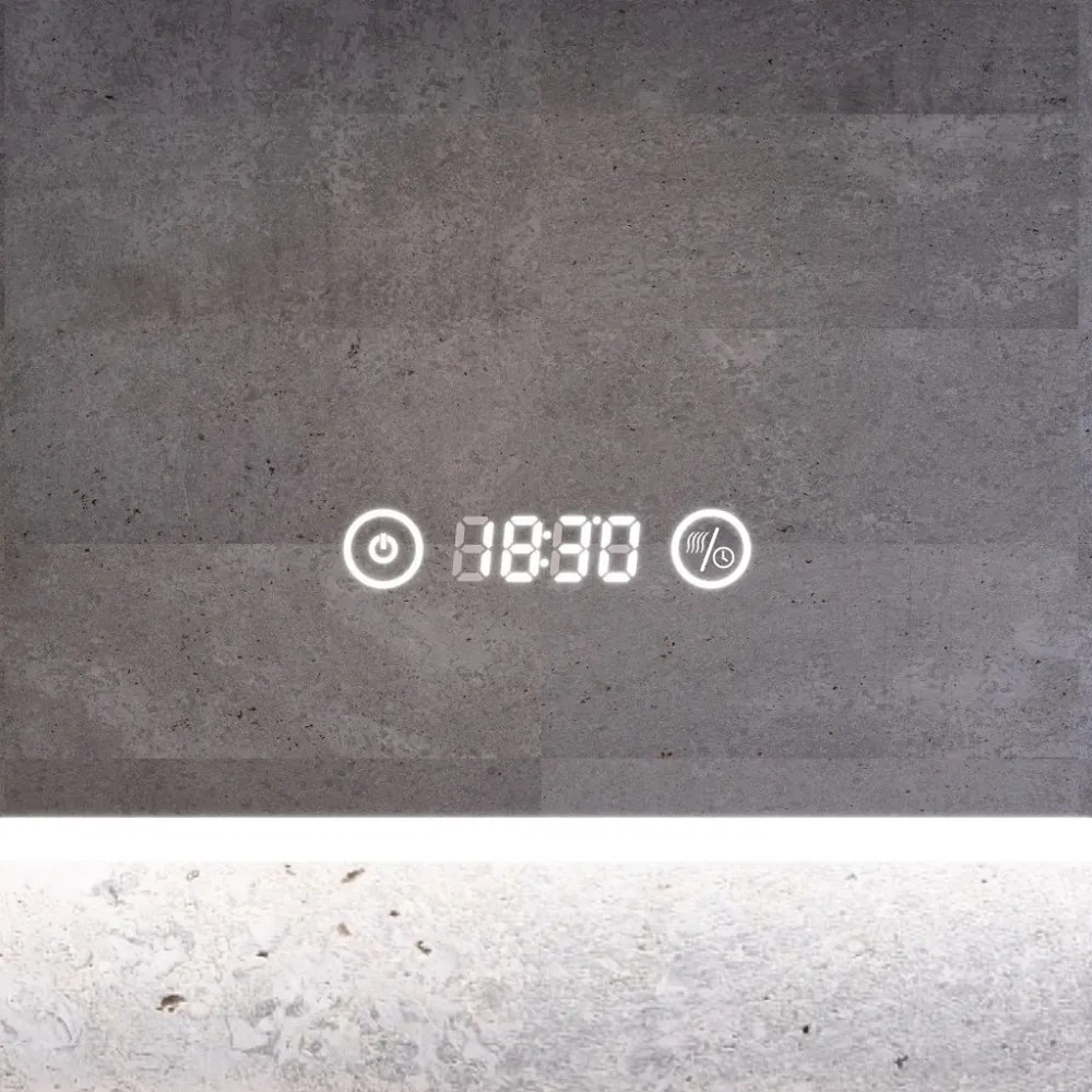 Álló fürdőszobai LED tükör 50x70cm | Páramentesítő funkció - Óra - Fényerő és színhőmérséklet szabályozás | Welland Luxury-Line G770