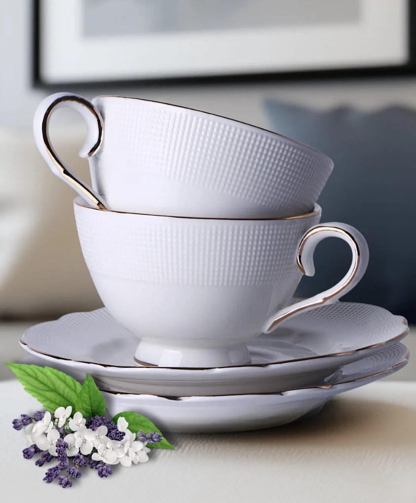 Fehér porcelán csésze domború mintával két személyes készlet Veroni Virginia