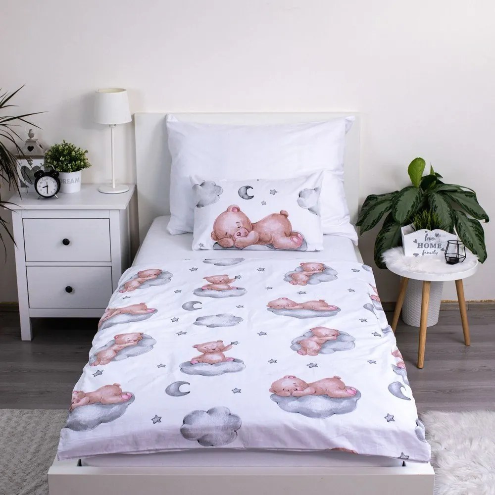 Fehér pamut gyerek ágyneműhuzat babaágyhoz 100x135 cm Teddy Bear "Ribbon" – Jerry Fabrics