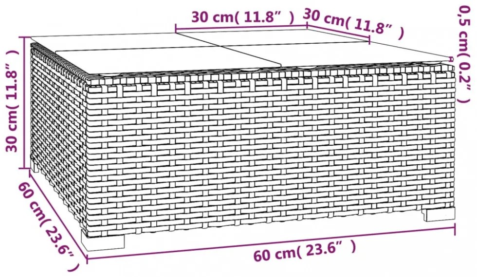 Barna polyrattan és üveg kerti dohányzóasztal 60 x 60 x 30 cm