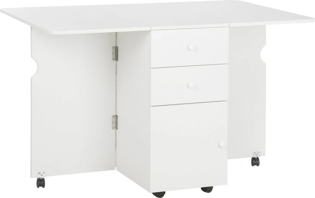 HOMCOM Összecsukható Étkezőasztal Kihúzható Konyhaasztallal Összecsukható Szárnyakkal 6 Kerekekkel és 2 Tároló Fiókkal Modern Stílus 120x80x75 cm Fehé