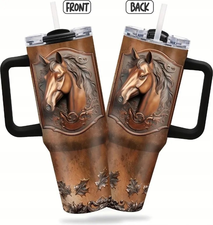 Thermo bögre termosz szívószál nagy acél Ló Lovak Boho Art 1200 ml 1,2 L