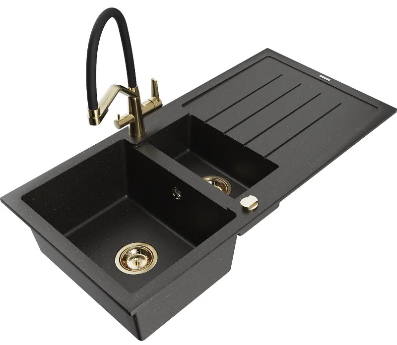 Mexen Andres gránit mosogató 1,5 medencés csepegtetővel és Duo konyhai csapteleppel, fekete/arany metál - 6515-75-671701-57-G